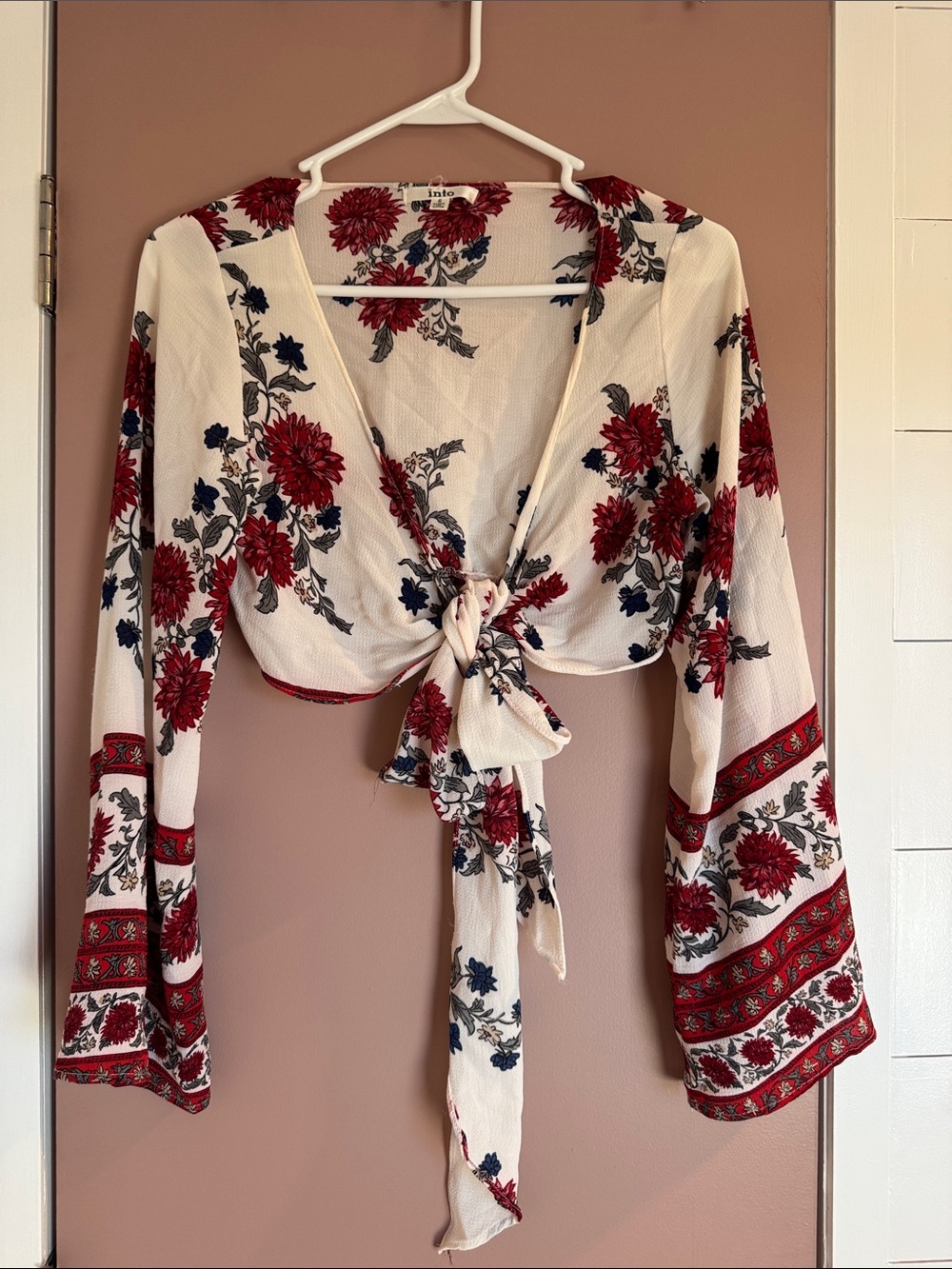 LF White Crop Top with Red & Navy Floral Tie-Front